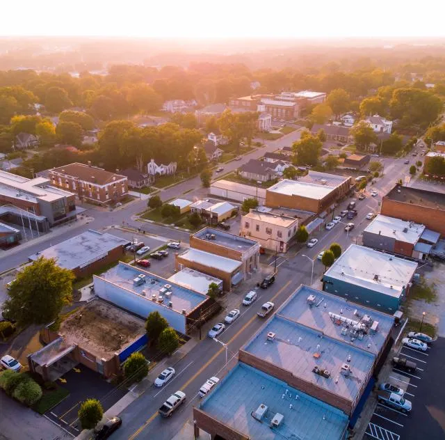 Downtown Clayton, NC from above at golden hour